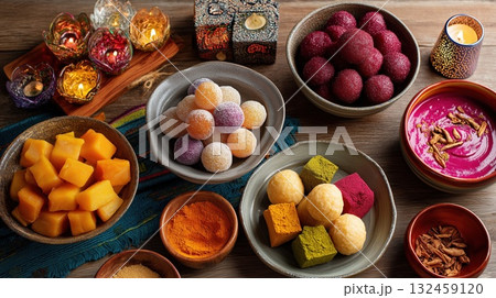 Top-down view of colorful Indian sweets and candles arranged for a festive celebration. The image symbolizes Diwali joy, cultural richness, and the spirit of togetherness Top-down view of colorful Indian sweets and candles arranged for a festive celebration. The image symbolizes Diwali joy, cultural richness, and the spirit of togetherness 132459120