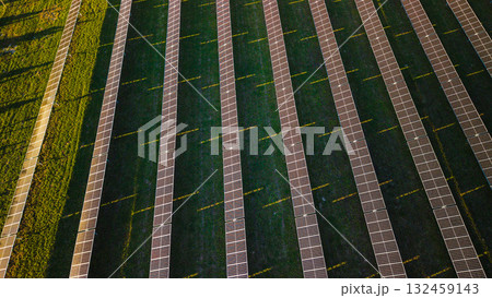 Aerial top view of modern solar power station with rows of photovoltaic panels generating renewable energy in sunlight. 132459143