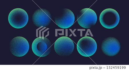 Abstract gradient circles with photocopy grain effect. Futuristic planets and cosmic shapes in blue and green colors. Modern space vector illustration for poster and design 132459199