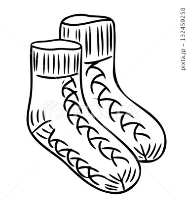 Pair of hand drawn woolen socks with decorative knitting patterns and ribbed cuffs 132459258
