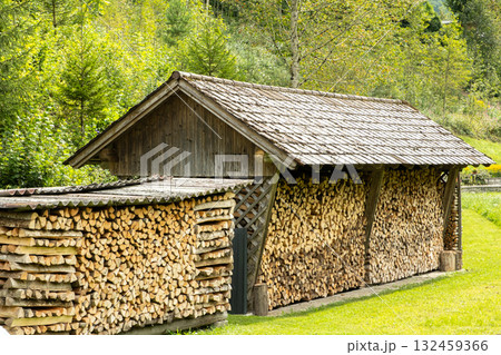 Small Rural Woodshed in the Forest, Rustic Countryside Scene 132459366