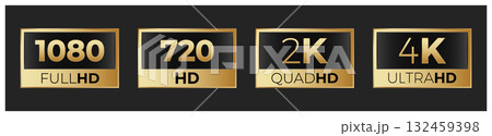 Visual display resolution icons: 1080 full hd, 720 hd, 2k quad hd, 4k ultra hd on black background 132459398