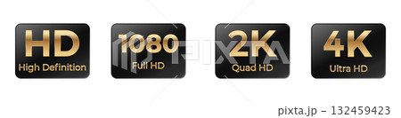 Comparison of hd, full hd, 2k, and 4k display resolution icons Comparison of hd, full hd, 2k, and 4k display resolution icons 132459423