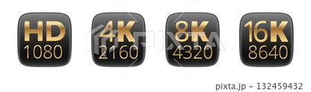 Hd 1080, 4k 2160, 8k 4320, 16k 8640 display resolution icons Hd 1080, 4k 2160, 8k 4320, 16k 8640 display resolution icons 132459432