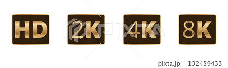 Resolution standards: hd, 2k, 4k, and 8k on brown icons Resolution standards: hd, 2k, 4k, and 8k on brown icons 132459433