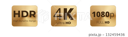 Gold badges highlighting hdr, 4k ultra hd, and 1080p full hd quality Gold badges highlighting hdr, 4k ultra hd, and 1080p full hd quality 132459436