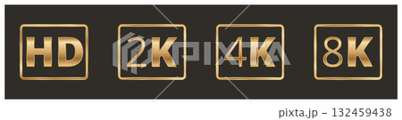 Stylish gold hd, 2k, 4k, 8k resolution icons on black background Stylish gold hd, 2k, 4k, 8k resolution icons on black background 132459438