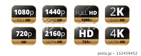 Resolution labels for hd, full hd, 2k, 4k, 720p, 1080p, 1440p, and 2160p displays 132459452