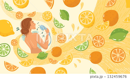 A girl sings in the shower, splashed with juice. Flying lemon and orange in fresh citrus juicy. 132459676