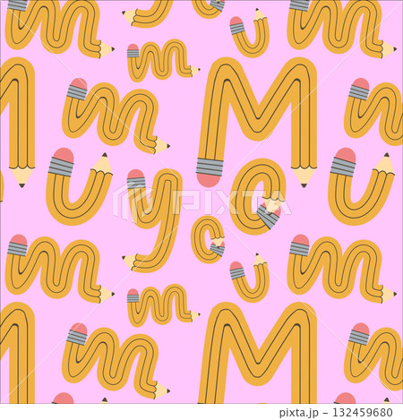 Seamless pattern of yellow pencil in the shape of the letter M U O Y. Alphabet design. Vector illustration. Mother day 132459680