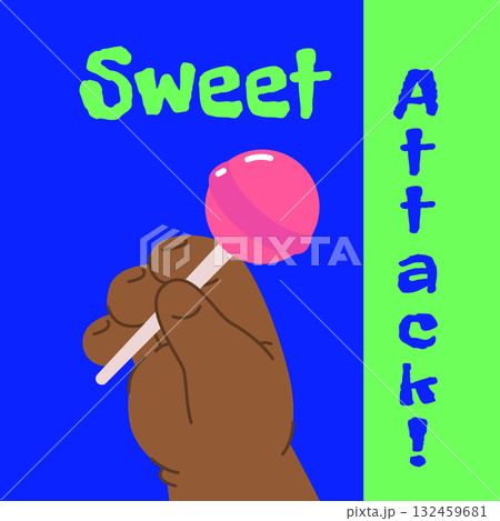 Black baby hand with lollipop, candy on blue background. Vector illustration 132459681