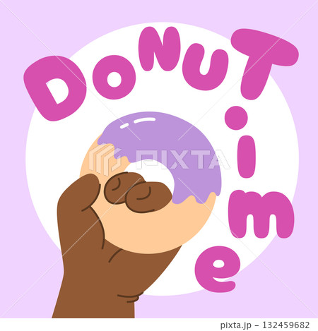 Hand of black baby holds pastry. Donut time Vector illustration 132459682