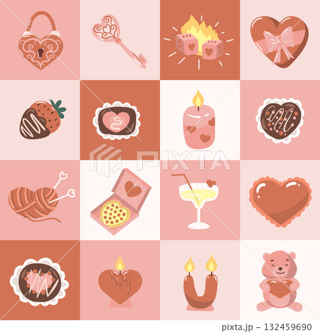 Happy Valentine s Day geometric background. Seamless pattern with cute love elements on gingham backdrop. Happy Valentine s Day geometric background. Seamless pattern with cute love elements on gingham backdrop. 132459690