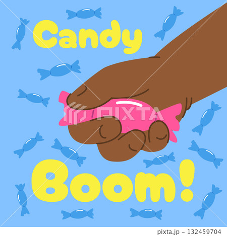 Black baby hand with lollipop, candy on blue background. Vector illustration 132459704