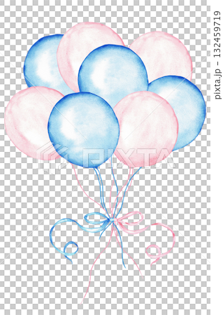 Pastel blue and pink balloons for celebratory decoration and events. Watercolor illustration for gender reveal party, baby shower, birthday, baptism, boy or girl party. For invitation, card, poster 132459719