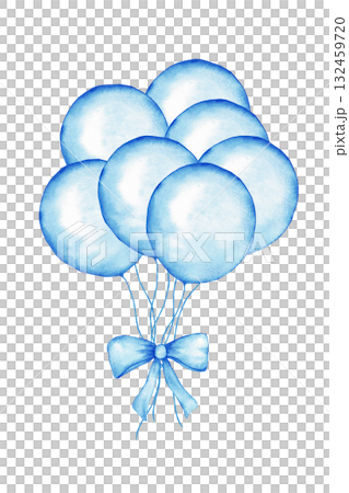 Elegant blue balloons with ribbon for celebrations and decoration. Hand drawn illustartion for gender reveal party, baby shower, birthday, baptism, boy or girl party. For invitation, card, banner 132459720