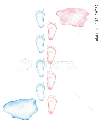 Watercolor baby footprint template in pink and blue for baby shower cards and invitations. Hand drawn. For gender reveal party, baby shower, birthday, baptism, boy or girl party. For invitation, card Watercolor baby footprint template in pink and blue for baby shower cards and invitations. Hand drawn. For gender reveal party, baby shower, birthday, baptism, boy or girl party. For invitation, card 132459727