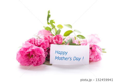 Thank you card among pink flowers on white background Thank you card among pink flowers on white background 132459941