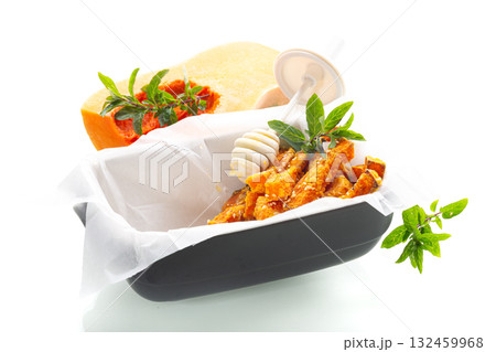 Natural healthy pumpkin dish with honey and fresh mint 132459968