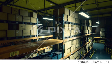 Rows of shelving units filled with stacked cardboard boxes fill a warehouse space. Bright yellow ceiling lights illuminate the organized storage area, showing efficient use of space and layout. Rows of shelving units filled with stacked cardboard boxes fill a warehouse space. Bright yellow ceiling lights illuminate the organized storage area, showing efficient use of space and layout. 132460024