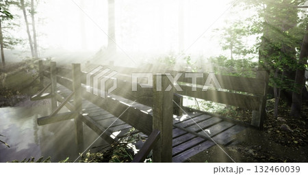 Morning light cascades through the fog, illuminating a rustic wooden bridge nestled in a peaceful forest. The aura of tranquility captivates the senses, inviting exploration and reflection. 132460039