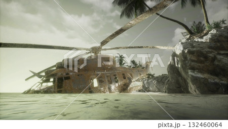 Rusty and weathered, the helicopter sits partially submerged near a rocky beach. Coconut palms sway gently in the warm breeze, while the golden hour casts a soft glow on the peaceful landscape. 132460064