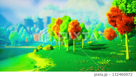 A lush landscape features a serene body of water surrounded by trees bursting with bright colors. Sunlight filters through the foliage, creating a peaceful atmosphere in a tranquil setting. A lush landscape features a serene body of water surrounded by trees bursting with bright colors. Sunlight filters through the foliage, creating a peaceful atmosphere in a tranquil setting. 132460072