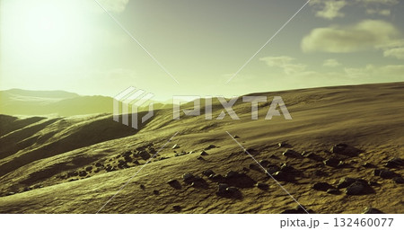 Golden terrain stretches across the horizon, with scattered rocks dotting the surface. Soft sunlight bathes the scene as distant mountains rise under a partly cloudy sky. 132460077