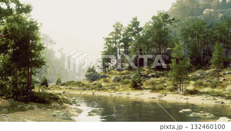 A calm river flows through a serene landscape filled with vibrant trees and rugged rocks. Soft light filters through the foliage, creating a peaceful atmosphere in nature. 132460100