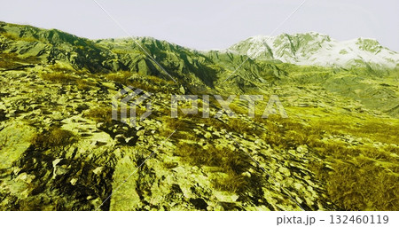 Expansive highland terrain features rocky surfaces leading to majestic snow capped mountains in the background. The vibrant colors highlight the natural beauty of this remote location. 132460119
