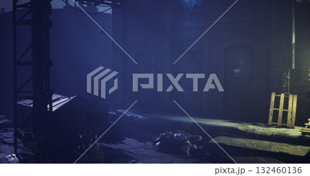 Twilight envelops a narrow urban alley filled with shadows. A scattered pile of debris rests on the ground, while soft blue light creates an eerie atmosphere. 132460136