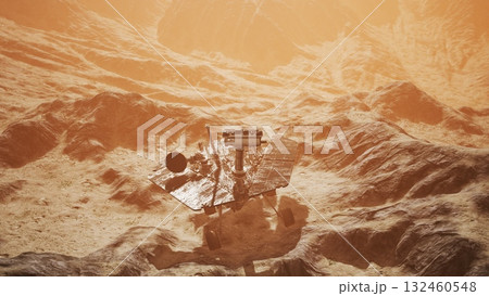 Opportunity rover navigates the rugged Martian landscape under a warm, dusty atmosphere. Its solar panels glisten as it captures the essence of distant red hills and ancient geological features. 132460548