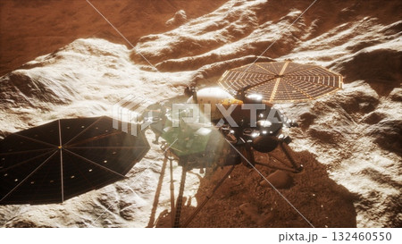 Precision instruments on the Mars lander collect data about the planets geology and climate while solar panels harness sunlight for energy in this otherworldly environment. 132460550