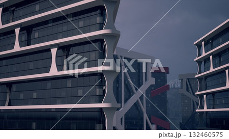 A futuristic cityscape features a tall building with a multitude of windows on its facade. A futuristic cityscape features a tall building with a multitude of windows on its facade. 132460575