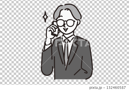 スーツを着ている通話中の男性_モノクロ スーツを着ている通話中の男性_モノクロ 132460587