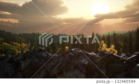 Morning light breaks through the clouds, illuminating the lush forest and rocky landscape. Trees stand tall, while golden leaves shimmer in the soft glow, creating a serene atmosphere. Morning light breaks through the clouds, illuminating the lush forest and rocky landscape. Trees stand tall, while golden leaves shimmer in the soft glow, creating a serene atmosphere. 132460594