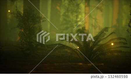 In a dense forest, soft light glows among ferns and foliage, creating an enchanting atmosphere. The golden orbs float gently, casting a magical ambiance in the twilight. 132460598