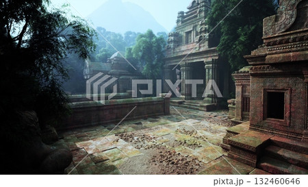 An ancient stone building stands amidst lush greenery including trees and bushes in the jungle temple of the Incas. An ancient stone building stands amidst lush greenery including trees and bushes in the jungle temple of the Incas. 132460646