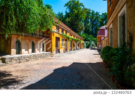 Panoramic view of Rajec Jestrebi Chateau on a sunny summer day with blue sky, blooming pink roses, and a fountain in front of the historical building. 132460763