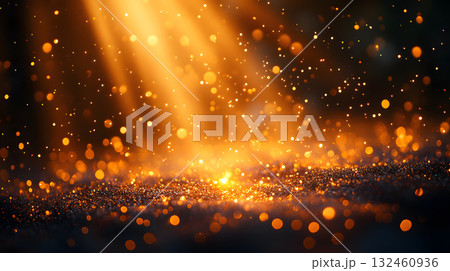 Light rays and glowing bokeh over warm tones. Perfect for celebration, luxury branding, or elegant visual backgrounds. 132460936