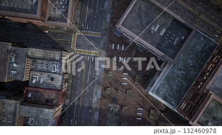 From above, the city layout unfolds, showcasing the intricate dance of streets, buildings, and shadows cast by the setting sun. A tapestry of urban life emerges in rich detail. 132460978