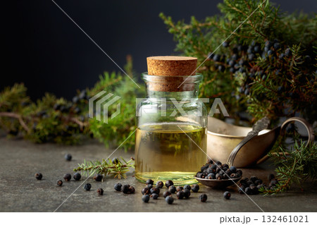 Juniper berry essential oil and branches with fresh berries. 132461021