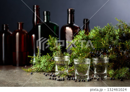 Juniper berry gin fresh berries on a branches. 132461024