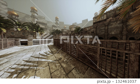 The remnants of a grand ancient city feature ornate buildings and palm trees, showcasing the unique architectural style of the region. The tranquil atmosphere invites exploration. The remnants of a grand ancient city feature ornate buildings and palm trees, showcasing the unique architectural style of the region. The tranquil atmosphere invites exploration. 132461037
