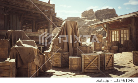 A quiet western town features wooden buildings and crates draped in fabric. The sun shines brightly, illuminating the rocky landscape and creating a peaceful, abandoned atmosphere. 132461040