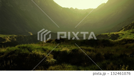 Soft sunlight bathes the lush hills and valleys in a serene location, creating a tranquil atmosphere at golden hour. The vibrant greenery enhances the scenic beauty of the area. 132461076
