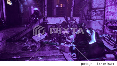A cluttered urban alleyway, illuminated by purple neon lights, features overflowing trash bags and discarded waste scattered on the ground in a dystopian atmosphere. A cluttered urban alleyway, illuminated by purple neon lights, features overflowing trash bags and discarded waste scattered on the ground in a dystopian atmosphere. 132461084