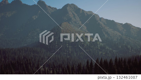 Towering mountains dominate the landscape, surrounded by a lush forest. Sunlight illuminates the rugged terrain under a bright blue sky, creating a serene atmosphere. 132461087