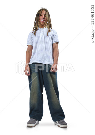 Young man with dreadlocks smiling happily against white background 132461353
