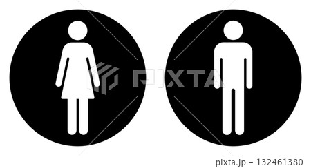 Restroom sign, men and women symbol silhouette shape, black and white illustration of a man and a woman in a circle 132461380